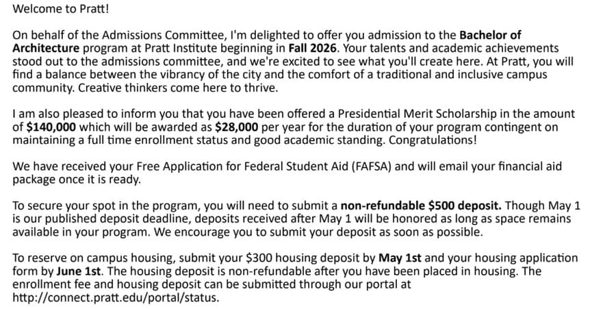 Pratt Institute — Presidential Merit Scholarship acceptance