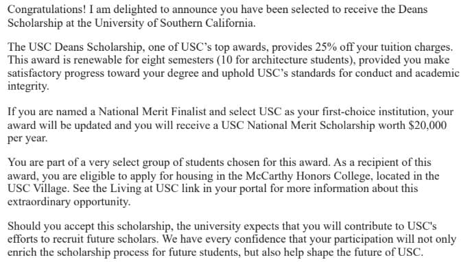 USC — Deans Scholarship acceptance
