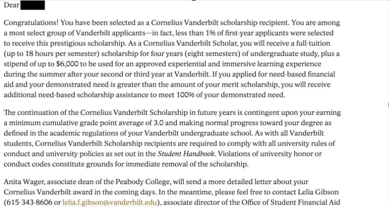 Vanderbilt — Cornelius Scholar acceptance