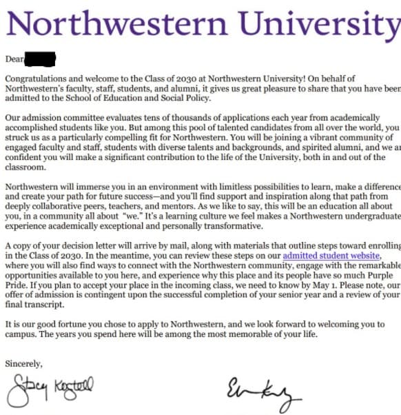 Northwestern acceptance
